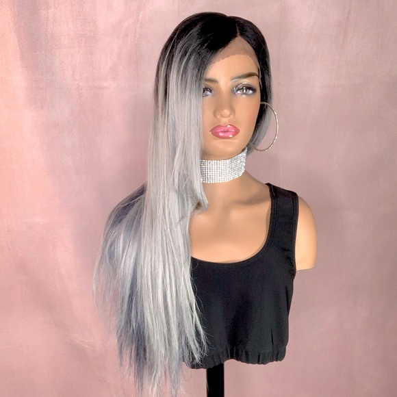 Gorgeous Ombre Grey & Blue Pearl Lace Front Synthetic Wig - Picture 4 of 6